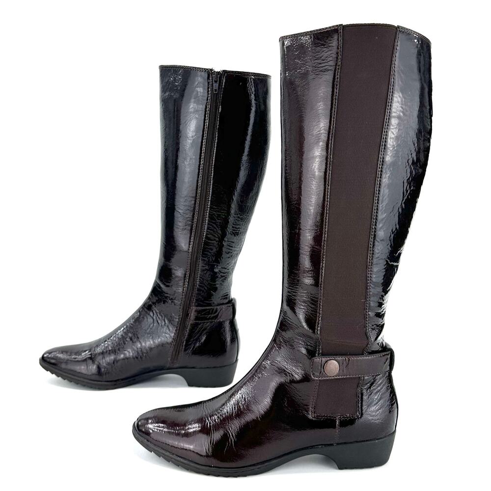 Sofft Brown Knee High Tall Boot Size 7M Patent Leather Low Heel Comfort Casual